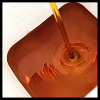 Image shows newly distilled oil being poured from a flask into a clean and sanitized storage bucket. This oil will then be formulated into many full-spectrum CBD products like tinctures, topical oils and lotions, and other edible items. 