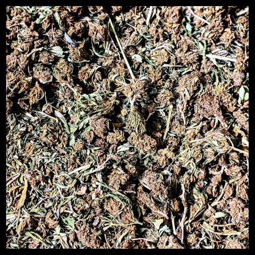 Image shows harvested and dried hemp biomass that is ready for grinding, decarbing, extraction, and eventual distillation. Kancanna specializes in hemp processing for farmers after harvesting their hemp crops